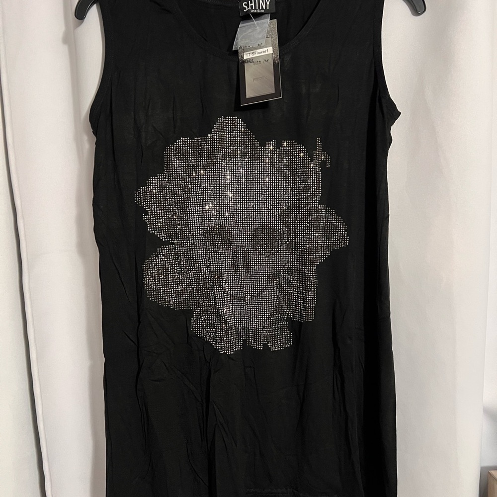 Black Sleeveless Top with Rhinestone Floral Skull Design
